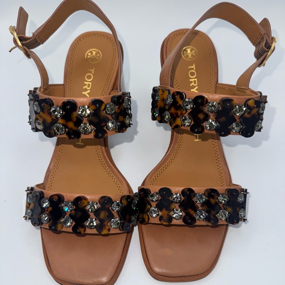 Tory Burch Delaney Brown Floral Embellished Sandals